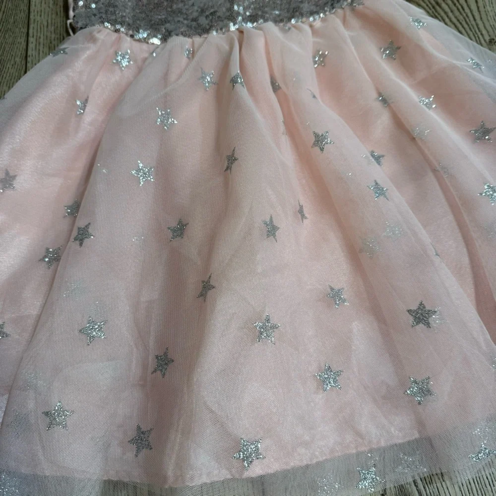 Cat & Jack pink & silver sequined A line dress stars multiple tulle layers, M.